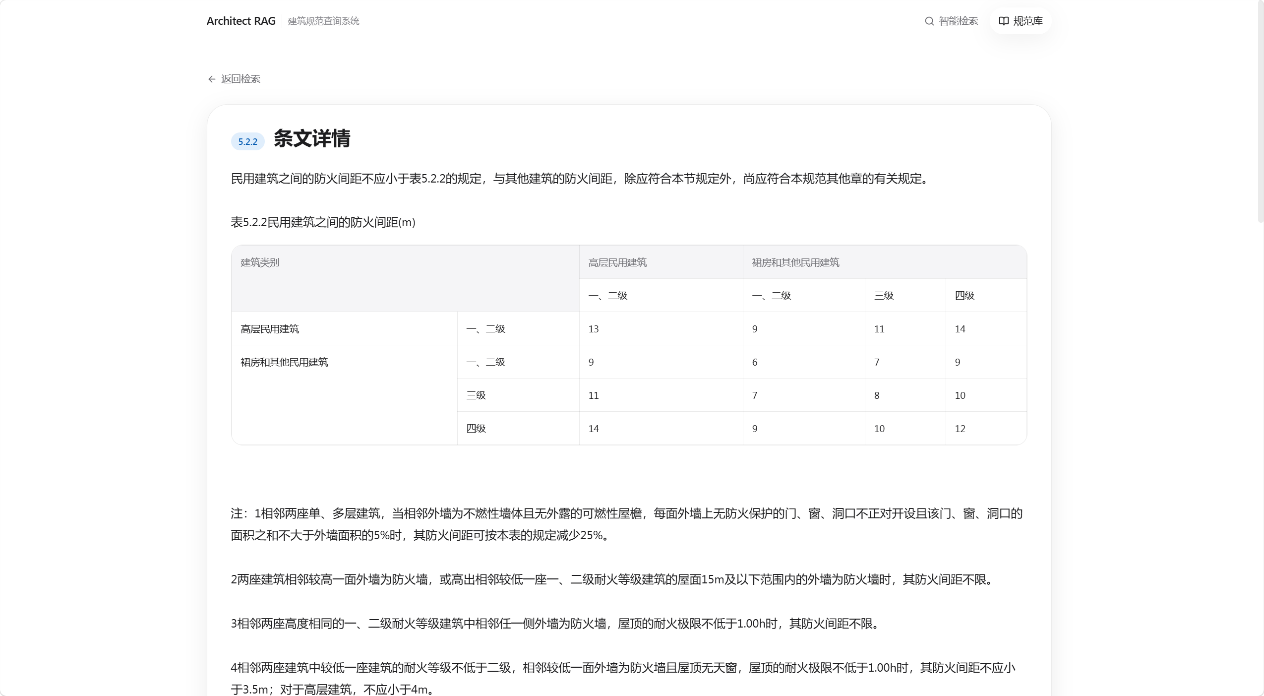 条文详情页面，展示表格和条文注释