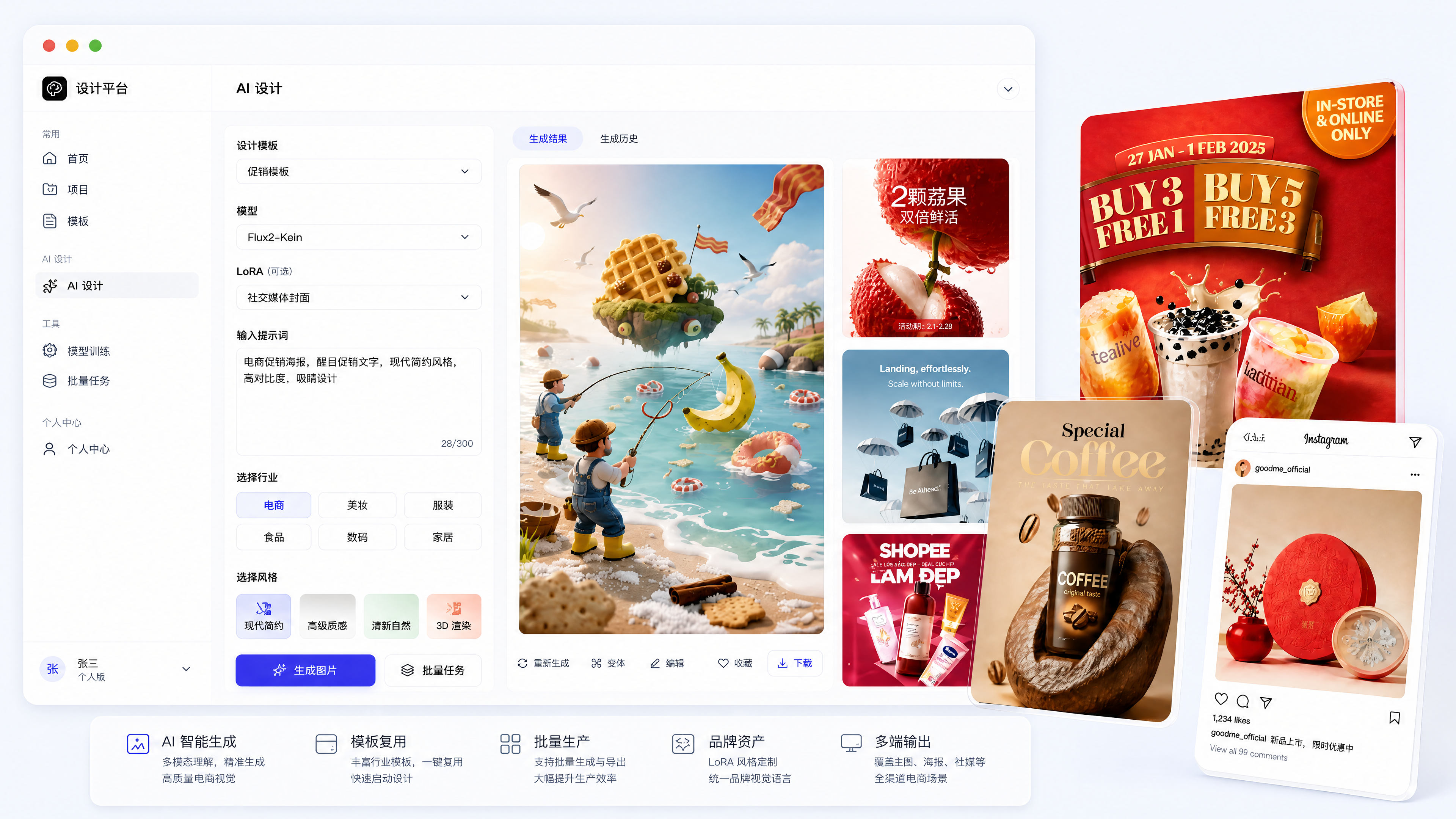 多模态电商设计平台主视觉，展示 AI 设计台、生成结果、模板复用、批量生产和多端输出